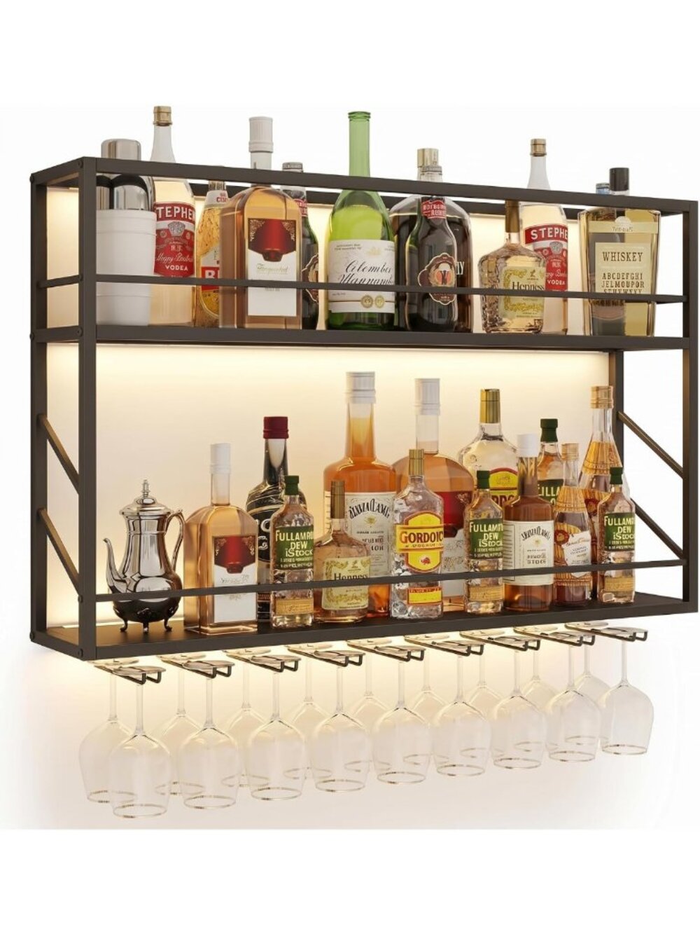 Stylish 2-Tier Wall Mounted Wine Rack with LED Lights - Space-Saving Design